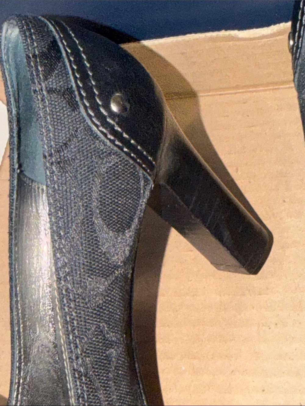 Coach Black Logo Canvas & Leather Mid-Heel Pumps with Silver Buckle